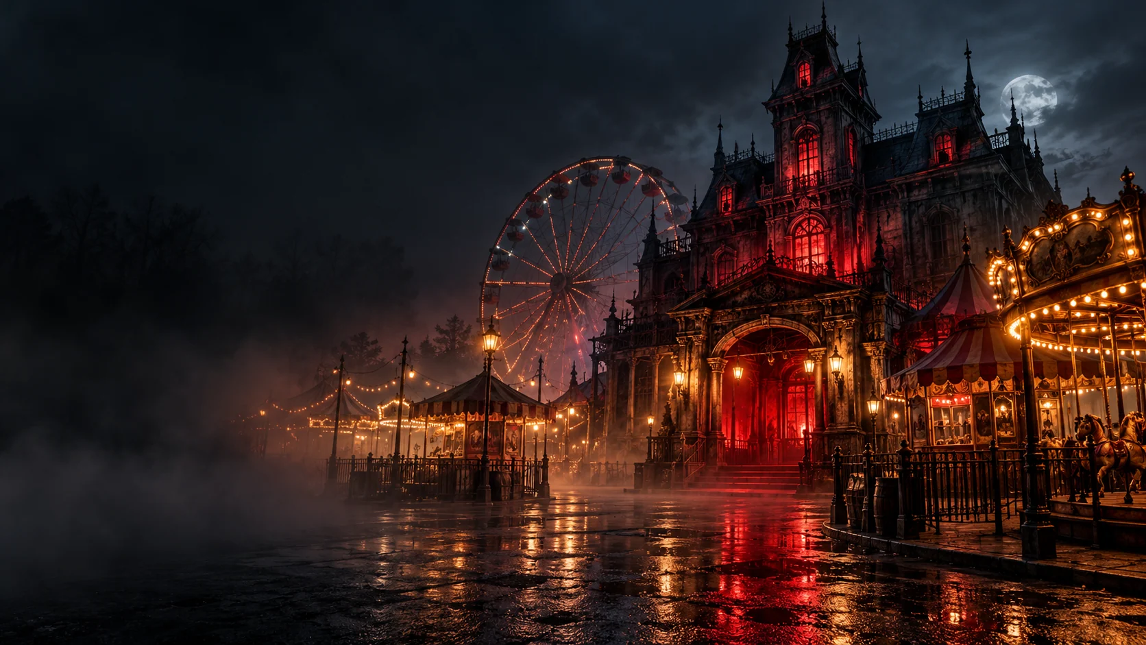 Ambientación de terror generada con IA para 7 parques de terror para Halloween en España